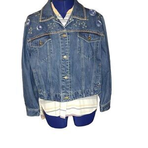 NWOT Liz Claiborne Liz Wear Petite Crochet Button Up Denim Jacket, size L